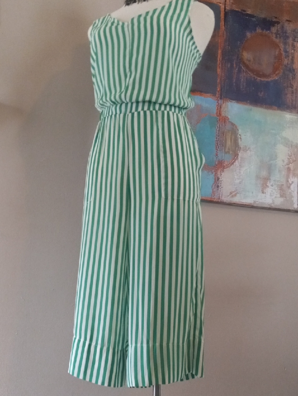 Tiana B. Wide Leg Green and White Vertical Stripe Sleeveless Jumpsuit Romper - Picture 12 of 16